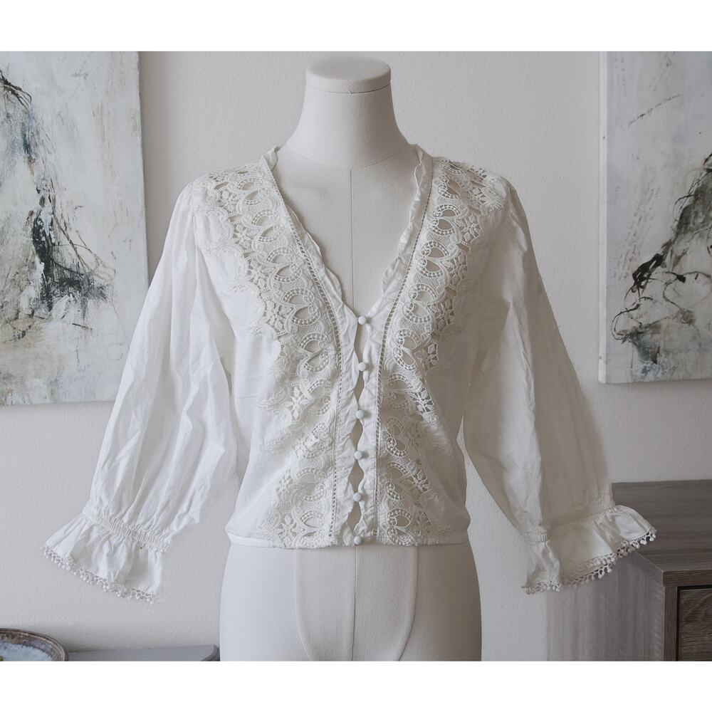 Free People White Crochet-Trim Peasant Blouse